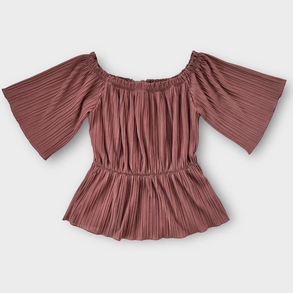 Express Womens Small Pleated Off the Shoulder Bell Sleeve Rosette Pink Flowy Top